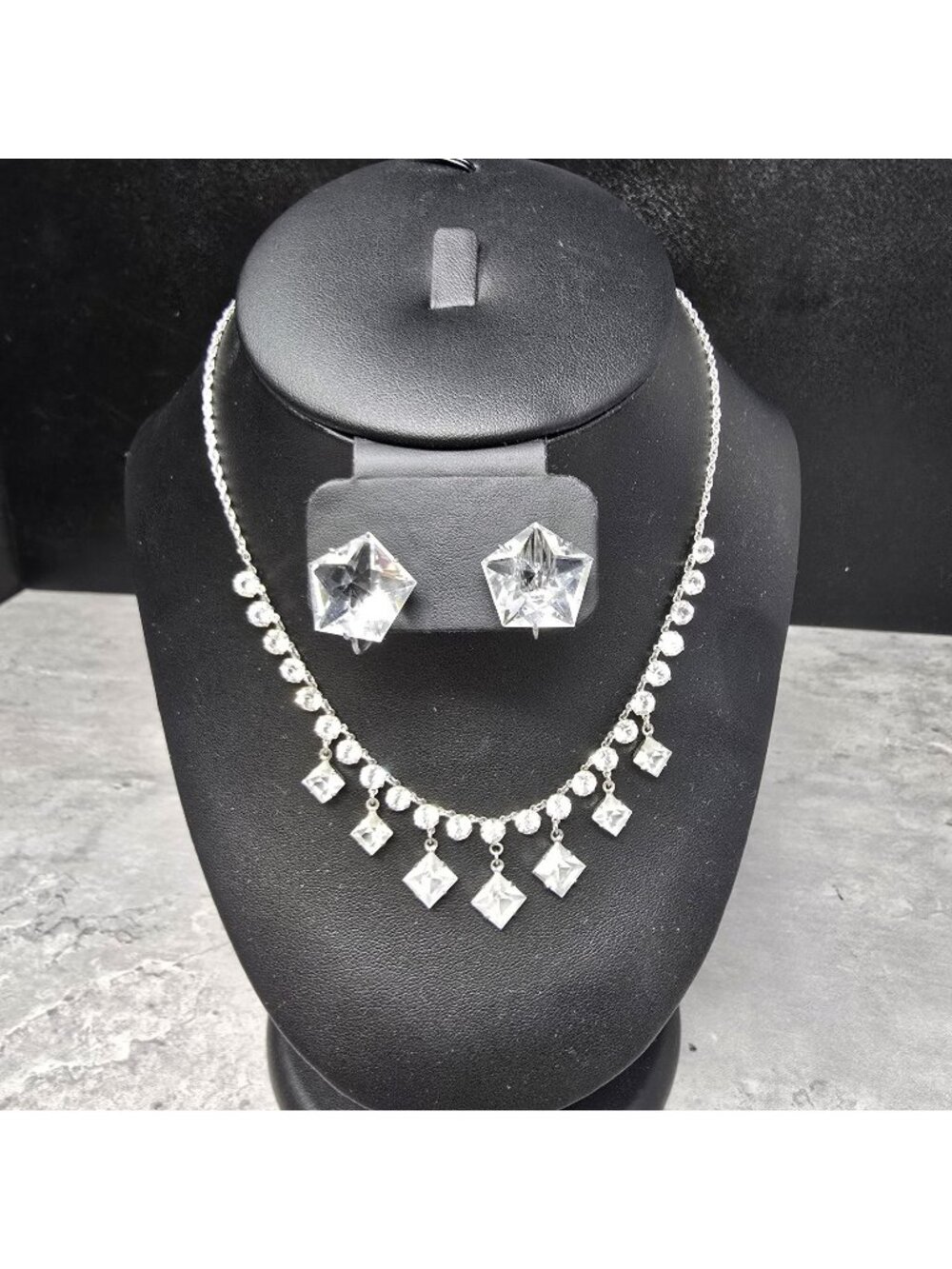 1920s Art Deco Rock Crystal Screw Back Earrings (Sterling) & 15" Choker (12K GF)